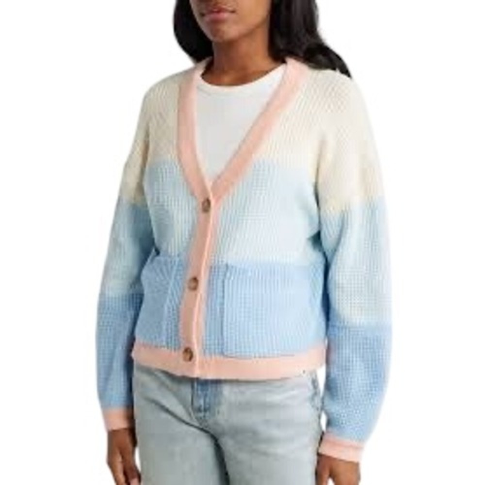 Rip Curl Desert Dreams Colorblock Waffle Knit Cardigan Sweater Pink Blue S NWT